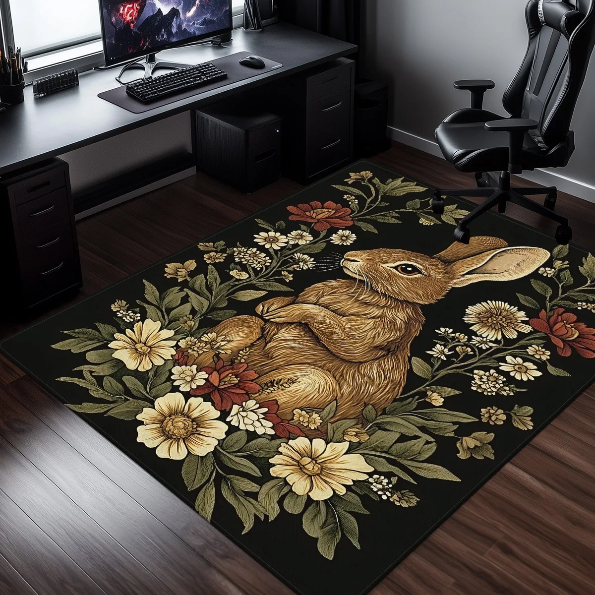 Vintage Rabbit Floral Pattern Crystal Velvet Rug Classic Animal Print Floor Mat Nature Inspired Home Decor Carpet