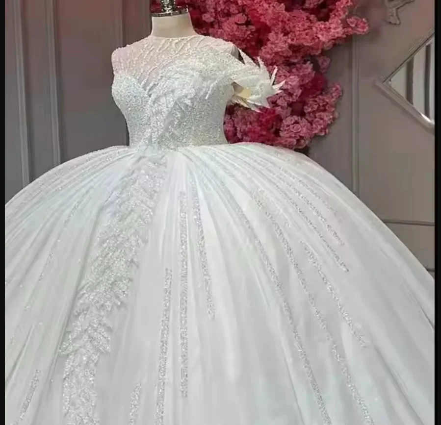 Customized Sheer Neck  Sparkly Sequins Beads Ballgown Wedding Dress  Court Train Robe De Mariée   Princess Puffy Bridal Gown
