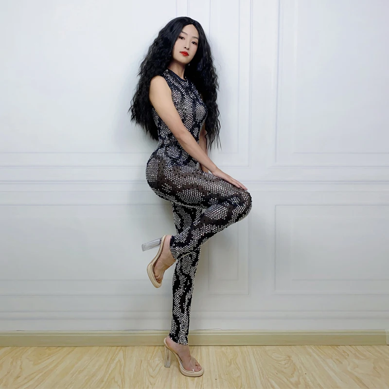 Błyszczące cyrkonie kombinezon bez rękawów Stretch odzież do tańca na rurze kobiety strój Rave Dj Ds Gogo kostium etap Clubwear XS6627