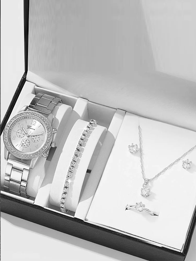 6PCS/Set Women\'s Watch Fashion Silver Steel Band Analog Quartz Watches Diamond Jewelry Set（Without Box）