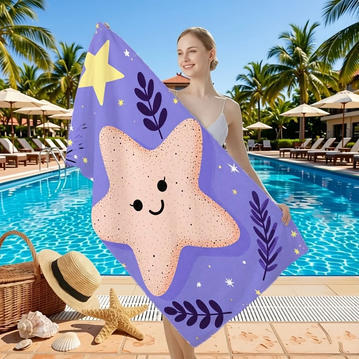 B16 Beach Towel Cute Starfish Print Quick Dry Soft Bath Towel Purple Cartoon Summer Pool Travel Vacation Mat