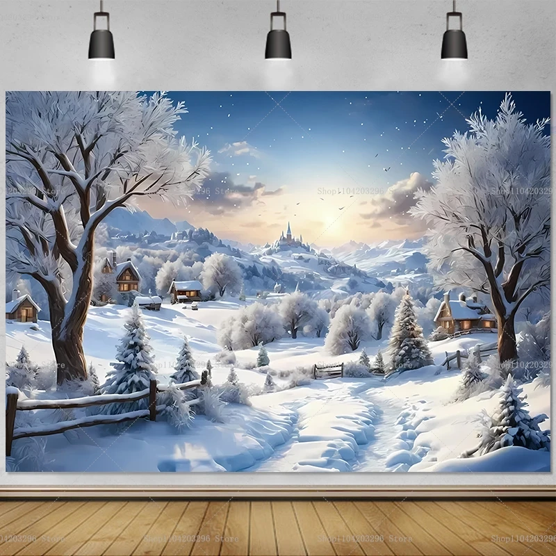 Winter Christmas Village Backdrop Home Decoration Photography Studio Background New Year Snow Town Mountain Back Drop