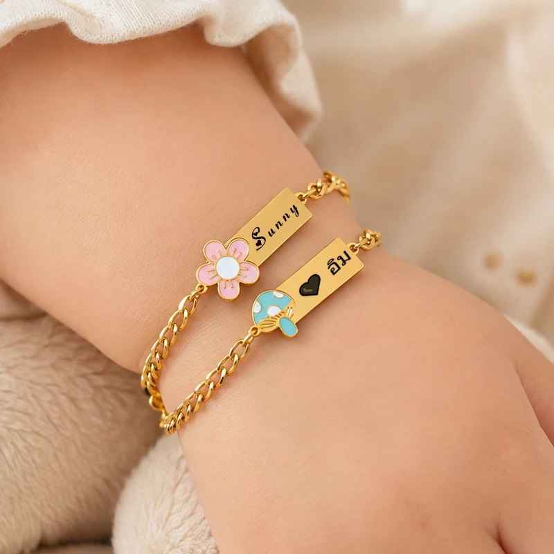 Custom Baby ID Bracelet for Girls, Engravable Gold Plated Figaro Chain Wristband with Pink Flower, Kids Toddler Jewelry Gift