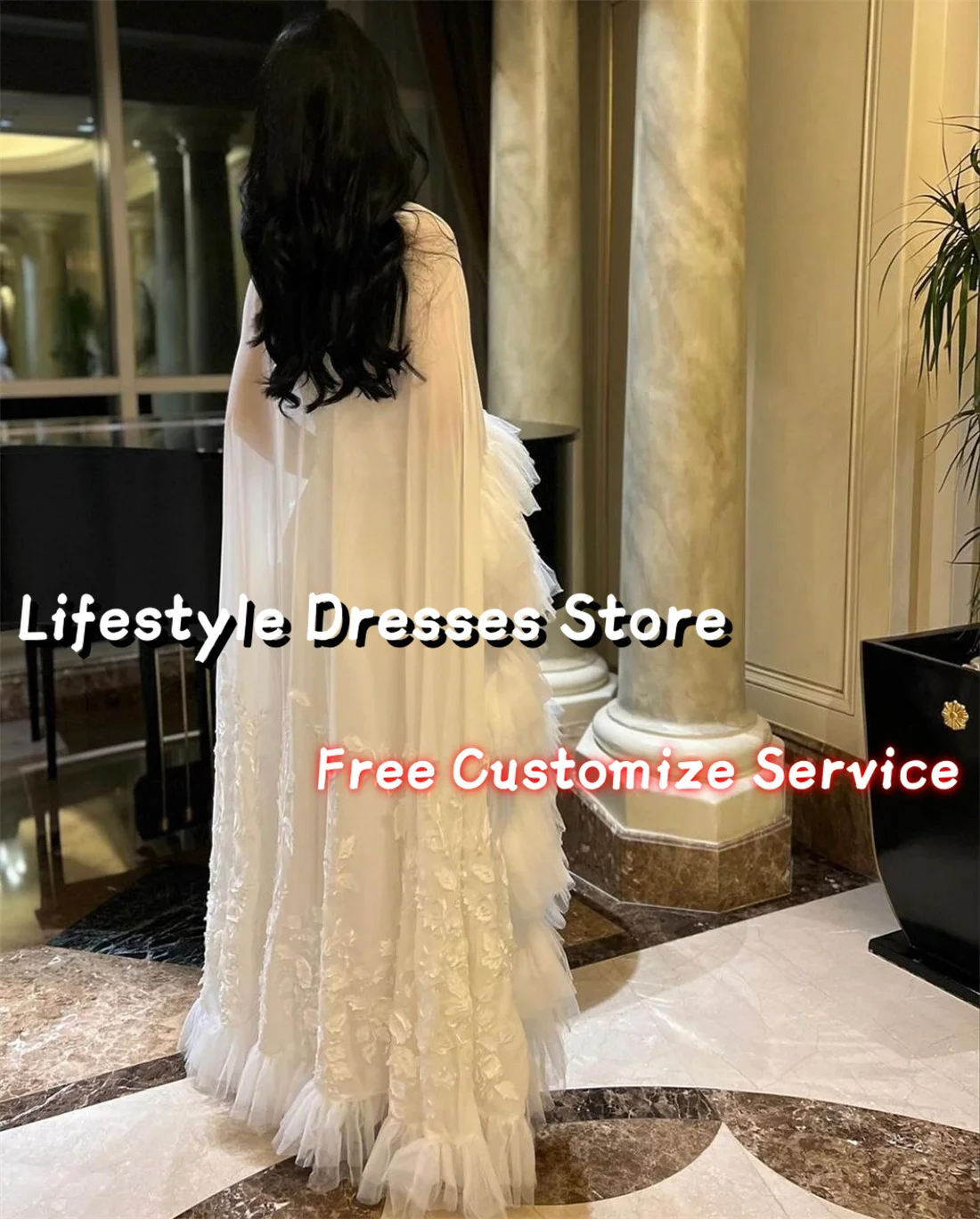 Customized Elegant Evening Dresses for Women Square Collar Floral Applique Wedding Party Gowns Tiered Sleeves Prom Dresses