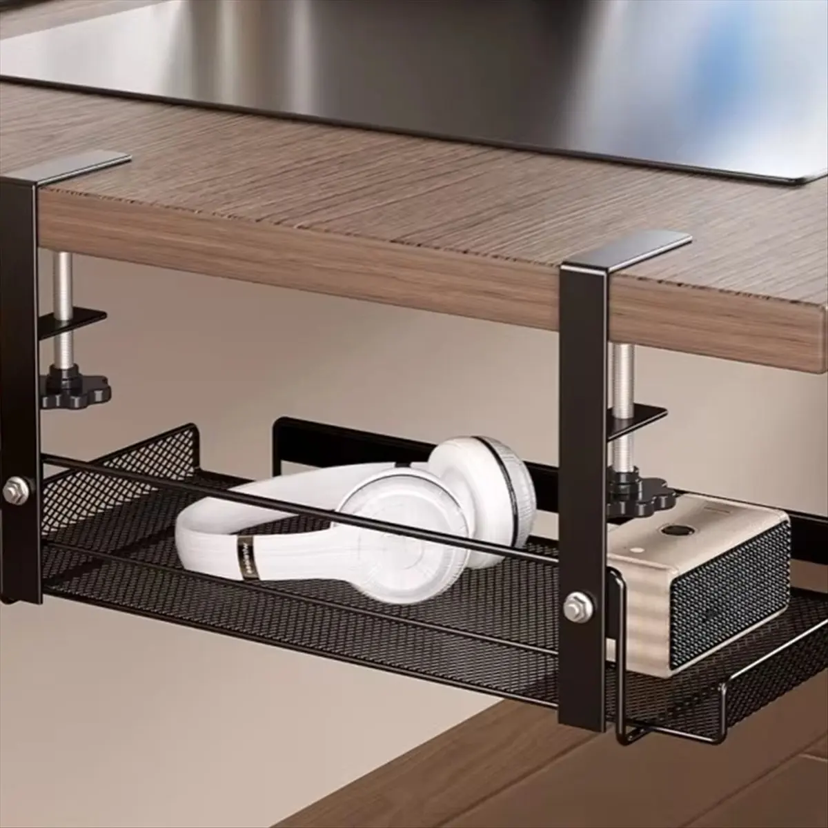 (ABDH) No Drill Under Desk Cable Management Tray with Clamp-Premium Wire Tray Cord Organizer - Thin Steel Cable Tray Basket B