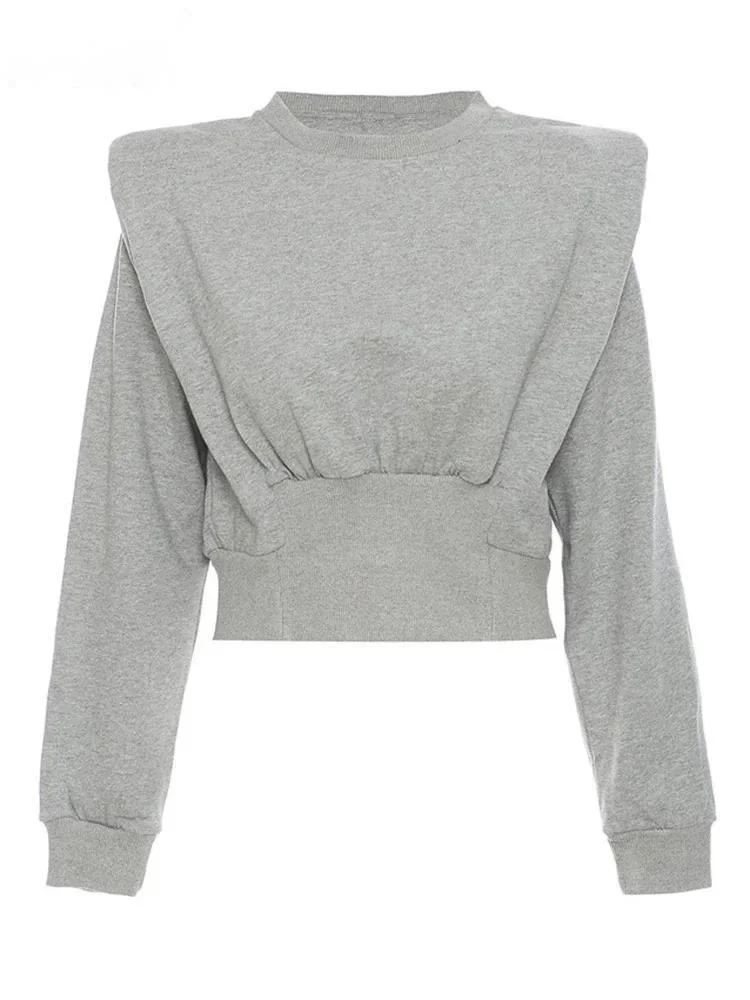 Loose Fit Gray Pleated Shaped Sweatshirt New Round Neck Long Sleeve Women Big Size Fashion Tide Spring Autumn