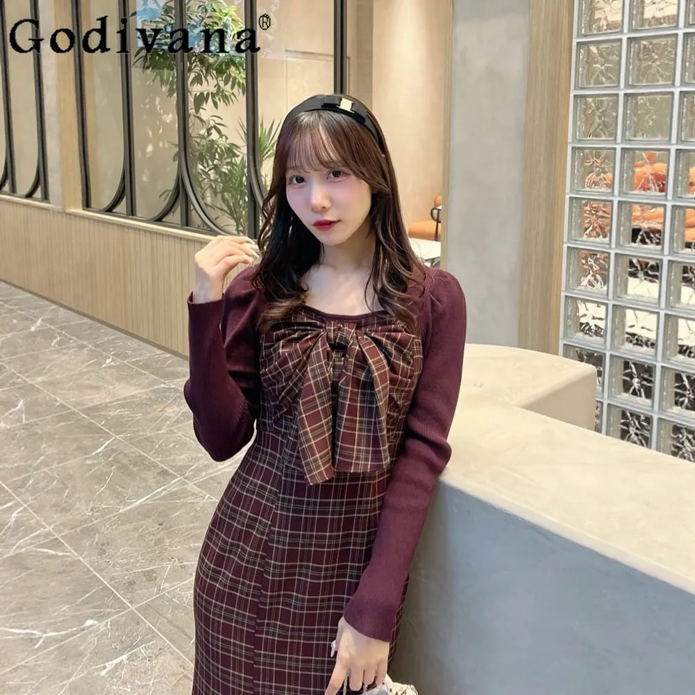 

2026 Spring New Japanese Sweet Bow Knitted Mermaid Long Dress Versatile Plaid Long Sleeve Women's Dress