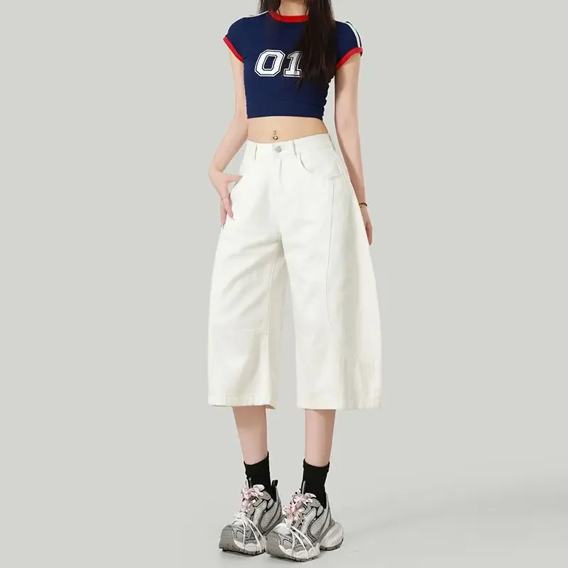 

Women's hot girl summer new retro design feeling white curved knife seven quarter jeans loose straight leg wide leg sickle pants