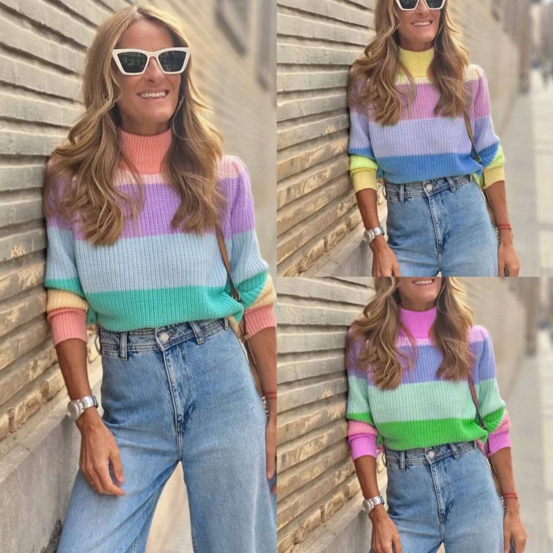 

Новый осенне-зимний хит продаж, свитер с высоким воротом, пуловер с цветными блоками, свободный свитер с длинными рукавами, женский топ