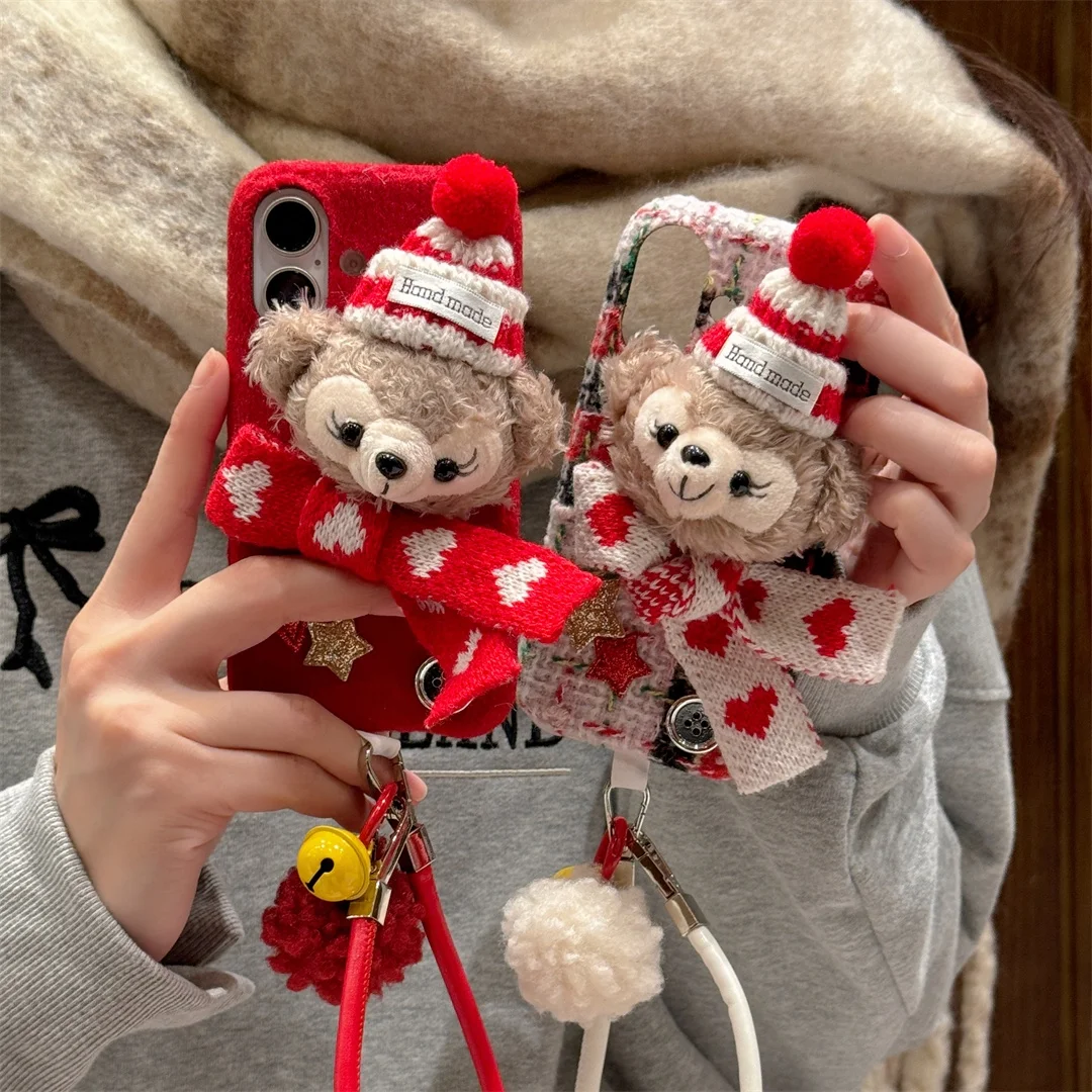 

New Year Christmas 3D Bear Furry Plush Soft Phone Case For iPhone 17 16 15 14 13 12 Pro Max Winter Warm Cover With Lanyard﻿﻿