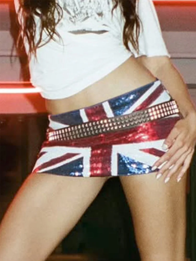 

Cool and stylish flag print sequin wrapped skirt INS slim and slimming street style short skirt