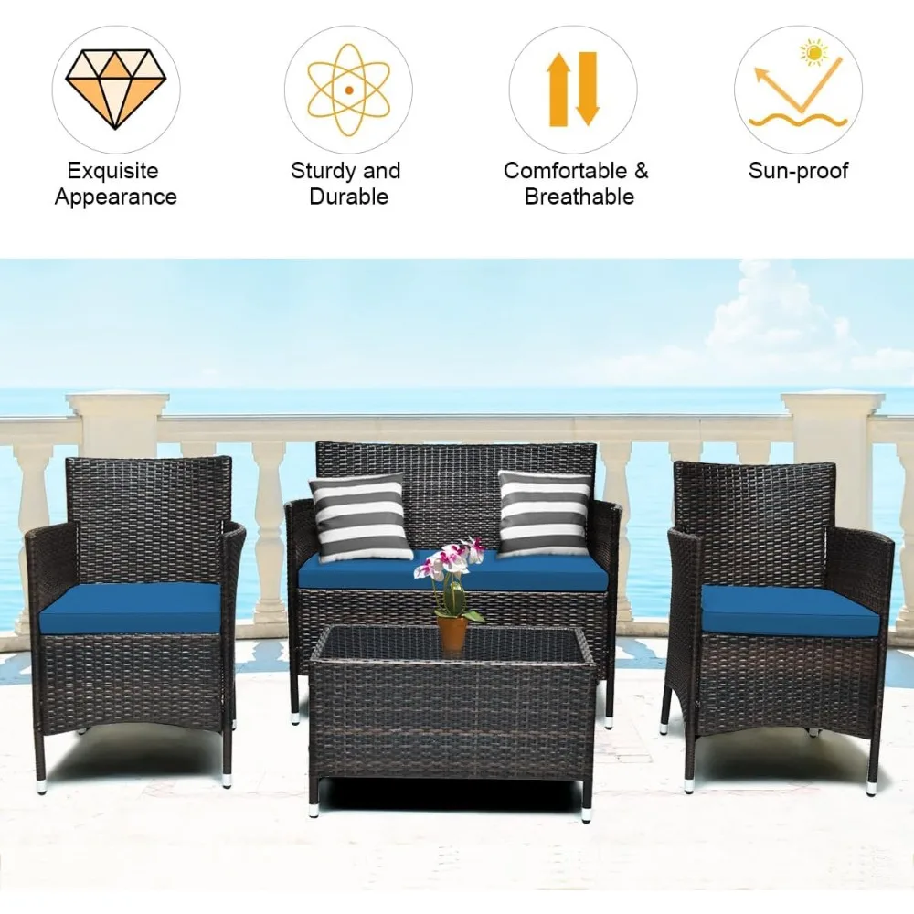 مجموعة حوار الروطان للشرفة مكونة من 4 قطع مع طاولة قهوة من الزجاج المقسى وحصيرة سميكة وفروع للحديقة والصفصاف #5