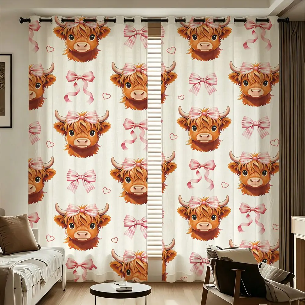 Christmas Highland Cow Print 2 Panels Curtains Printed Darkening Curtains Light Blocking Rate 85% Kids Holiday Decor Curtains