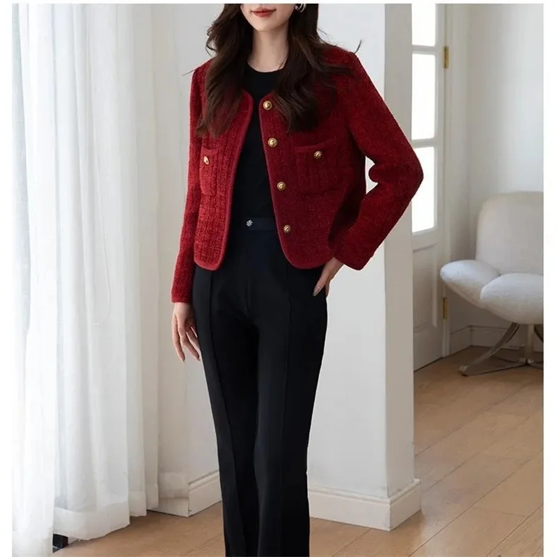 Beautiful Heavy Industry Burgundy Small Fragrance Coat Female Spring And Autumn French Temperament Joker Socialite Tweed Coat