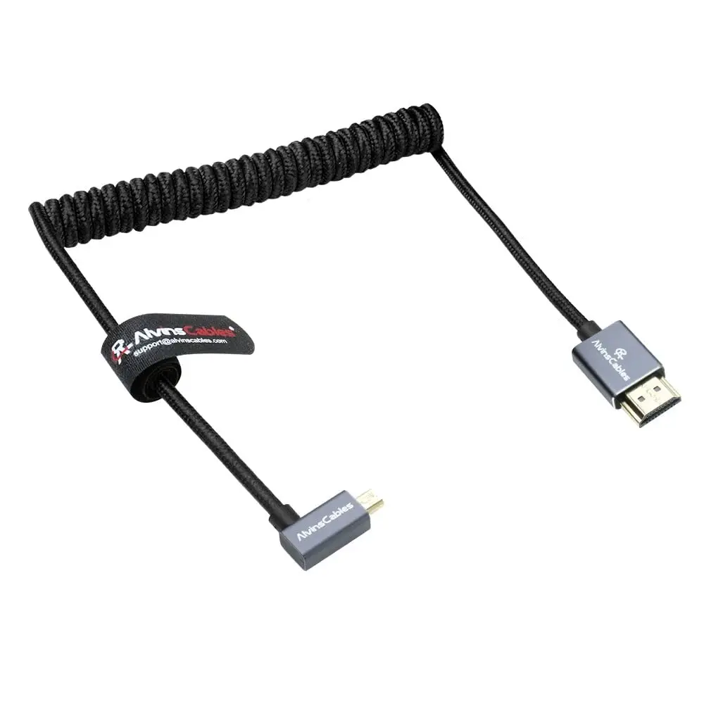 Alvin's Cables Left Angle Micro HDMI to HDMI Cable 8K 60Hz 4K 120Hz Braided Coiled HDMI 2.1 for Sony A7RIII A7II A7M3 Canon R5