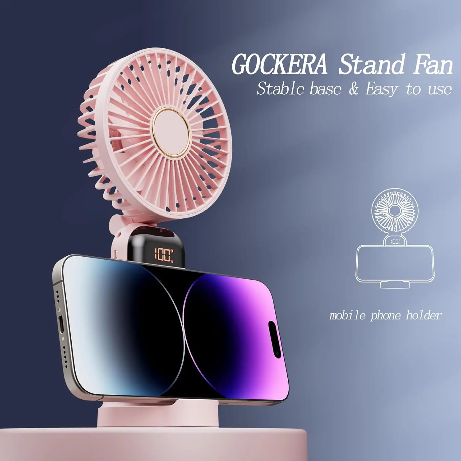 Portable Fan 4200mAh Battery Operated Fan 5 Speeds Digital Display Women's Makeup Fan with Base 180° Foldable For Outdoor Indoor