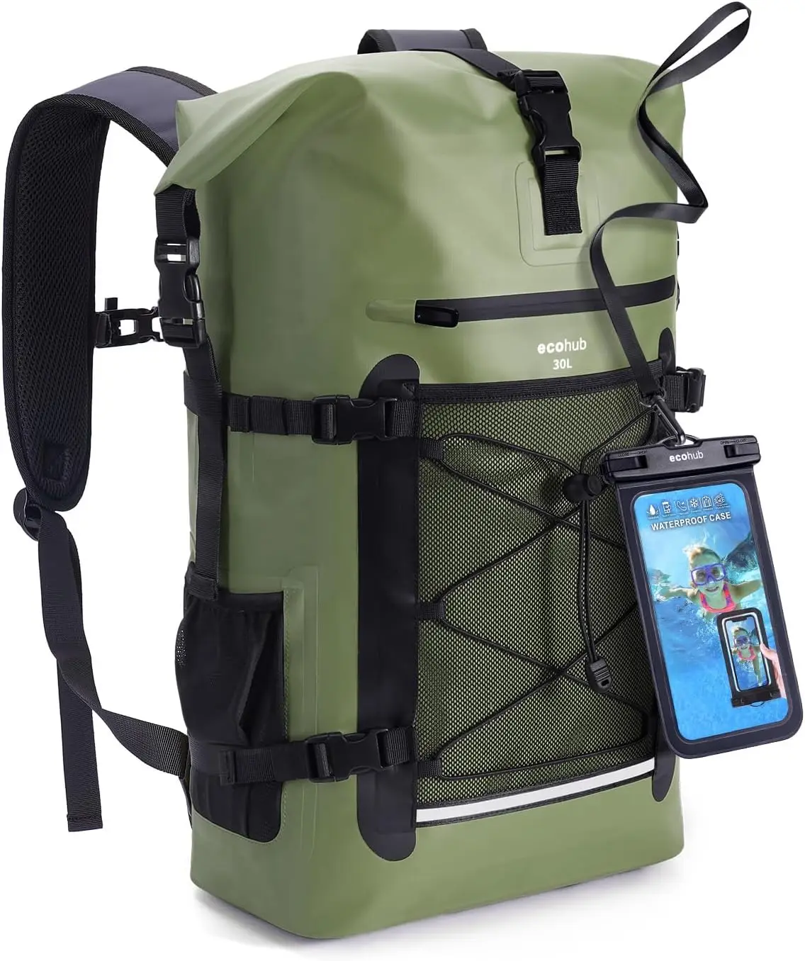 ECOHUB Waterproof Backpack for Women Men, 30L Roll-Top Closure Heavy Duty Dry Bag for Travel with IPX8 Waterproof Phone Case