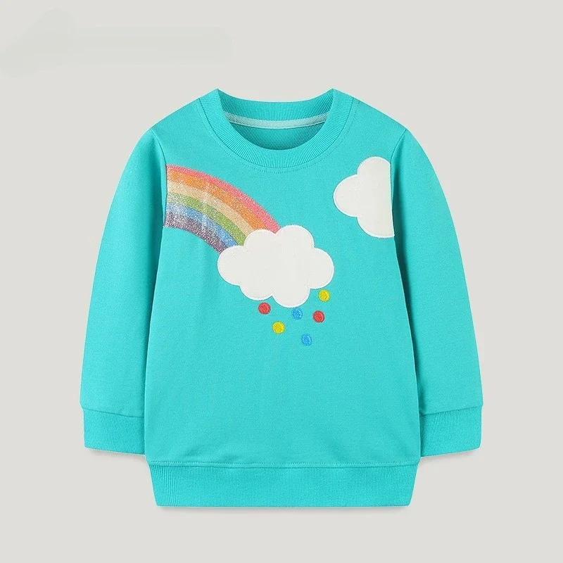 Kids Girls 100% Cotton Pullover Tops Hoodies Sweatshirts Cute Glitter Rainbow Cloud Patch Long Sleeve Crew Neck Children Clothes
