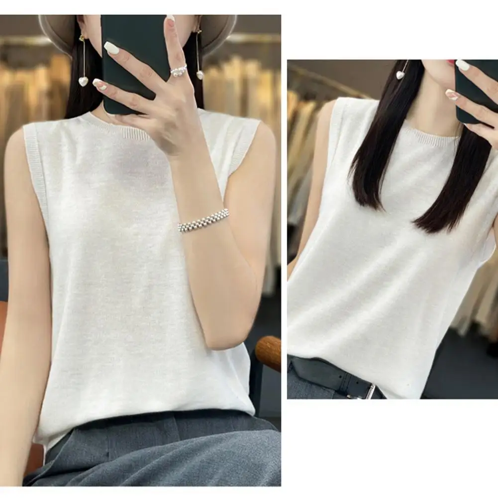 

Round Neck Camisole Women's Summer Seamless Knitting Vest Round Neck Sleeveless Camisole with Ribbed Trim Regular Fit Bottoming