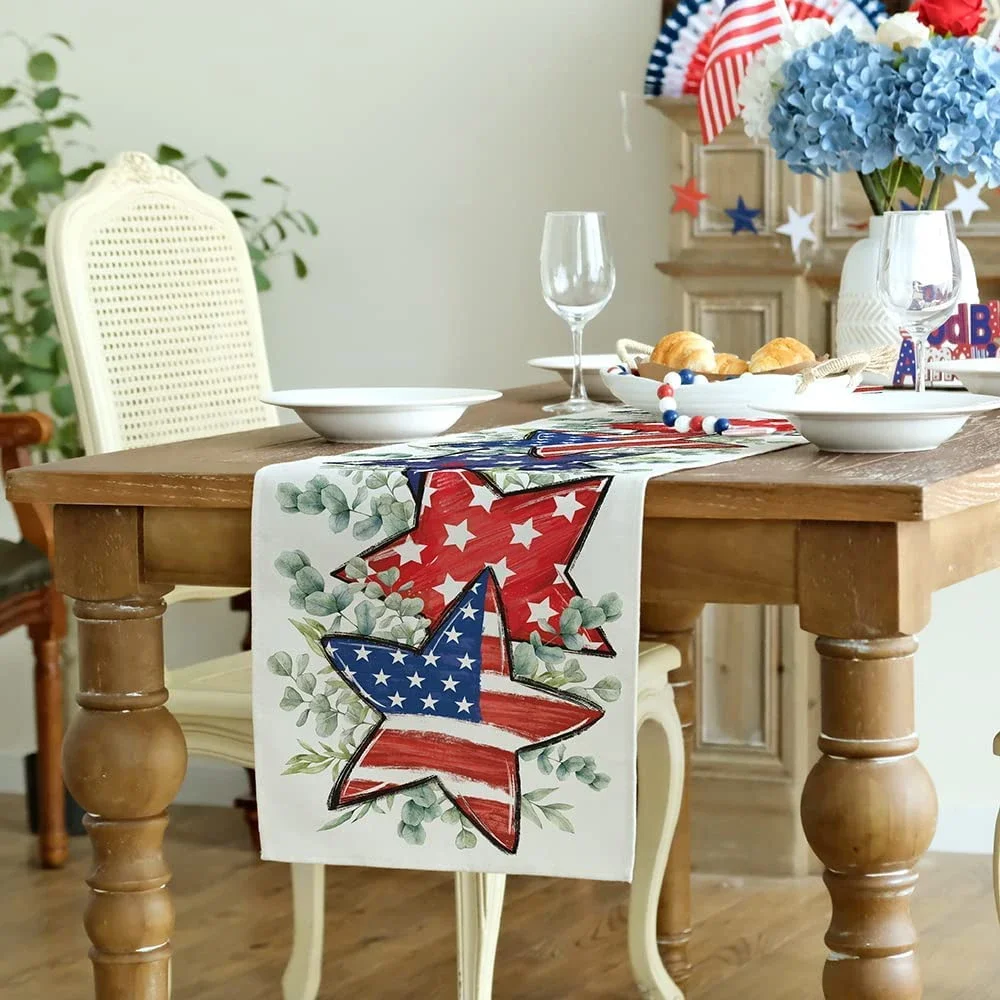 

1pc Patriotic Independence Day Table Runner, Stars Eucalyptus 4th Of July Table Runner, For Memorial Day Home Kitchen Dining Dec