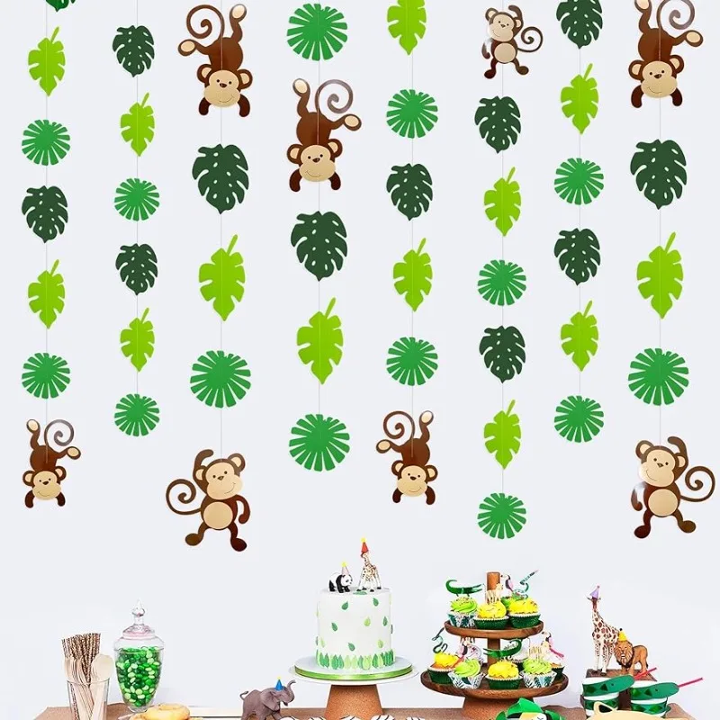 Monkey Palm Leaves Cutouts Garland Green Jungle Party Decorations Hanging Wall Decor for Kid Wild One Birthday Baby Shower Decor