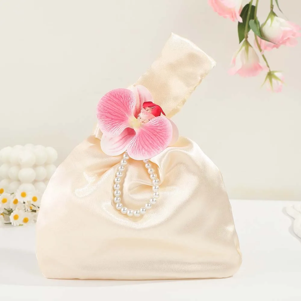 

Elegant Rose Wrist Bag Chinese Style Satin Butterfly Orchid Knot Handbag Pearl Pendant Temperament Gift Candies Bag Banquet
