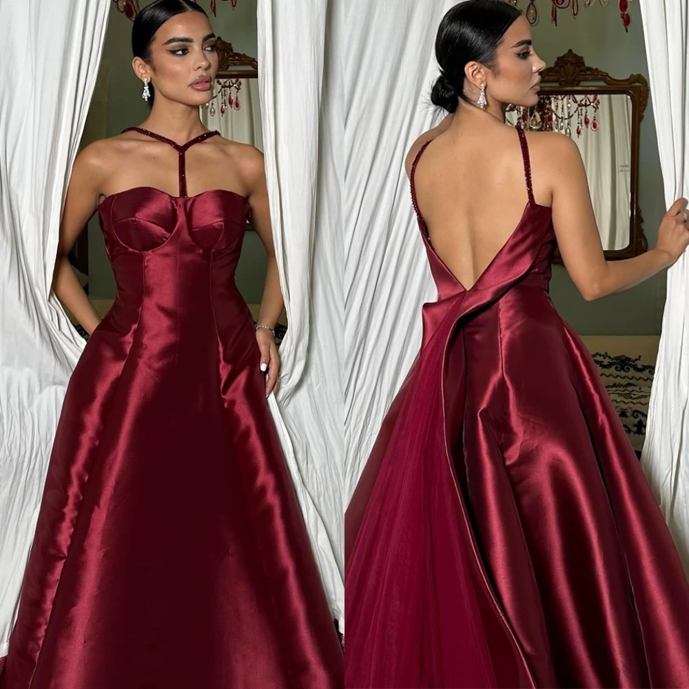 

Customized Sexy Satin Halter Backless Evening Dress Simple Sleeveless Prom Dresses Sparkly Sweep Train Special Occasion Gowns