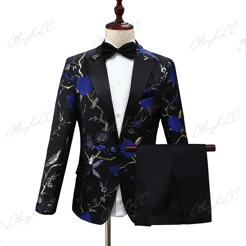 Men's Flower Suit Woodpecker Jacquard Open Lapel Slimfit Fashion Suit Banquet Business Performance MC Host Long Sleeve Coat Suit