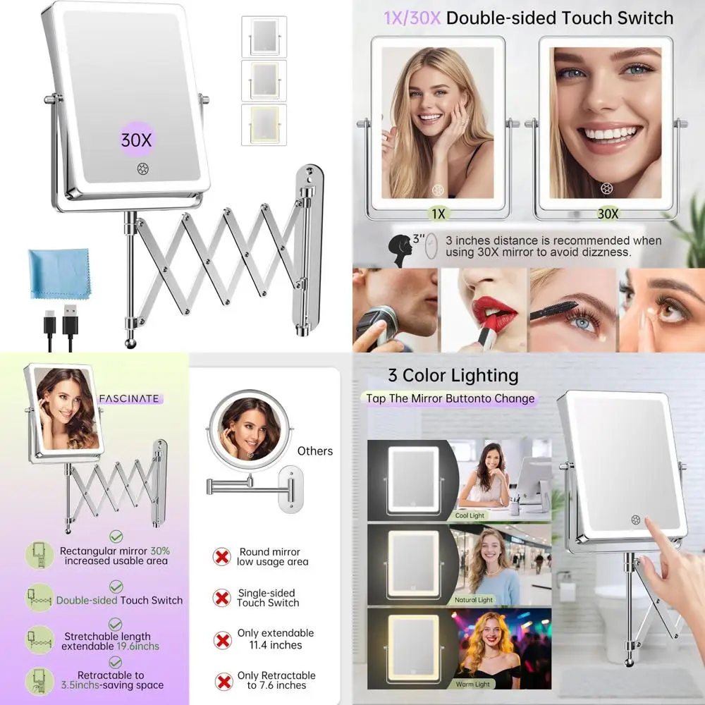 

Rechargeable LED-Illuminated Double Sided Makeup Mirror, 8.7 Inch Touch Switch, 1X & 30X Magnification for Bathroom Vanity