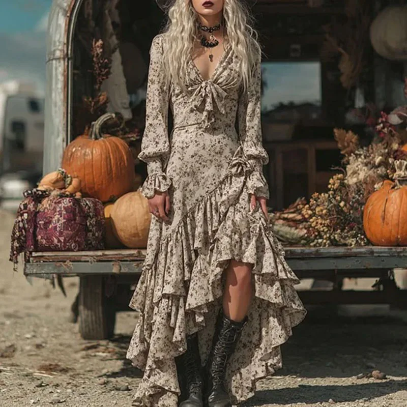 Vintage Floral Print Ruffle Irregular Long Dress Woman Sexy Deep V Neck Bowknot Maxi Dresses Autumn Long Sleeve Party Boho Dress