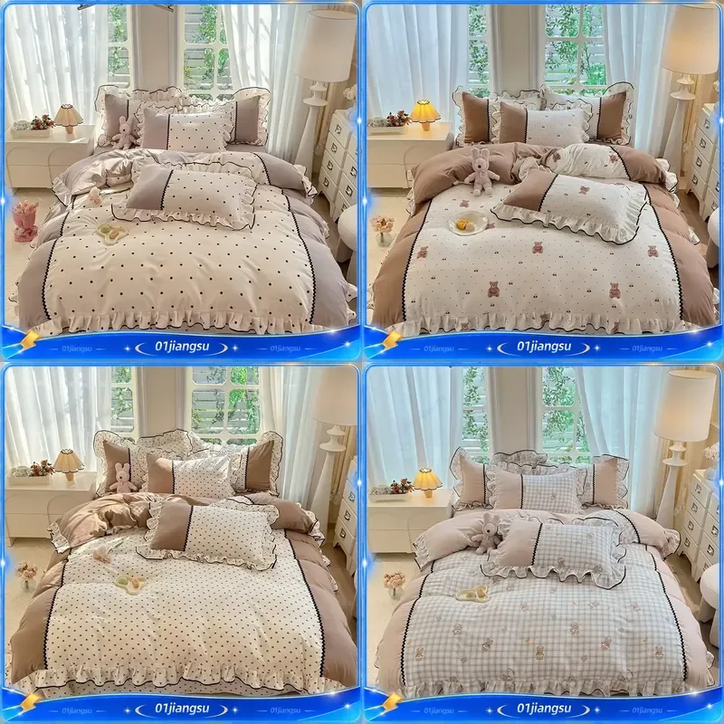 Small Fresh Pastoral Bedding Set Spring Lace Quilt Cover Sheet 3 Piece Girls Dormitory Home Textile Cotton Soft Comforter