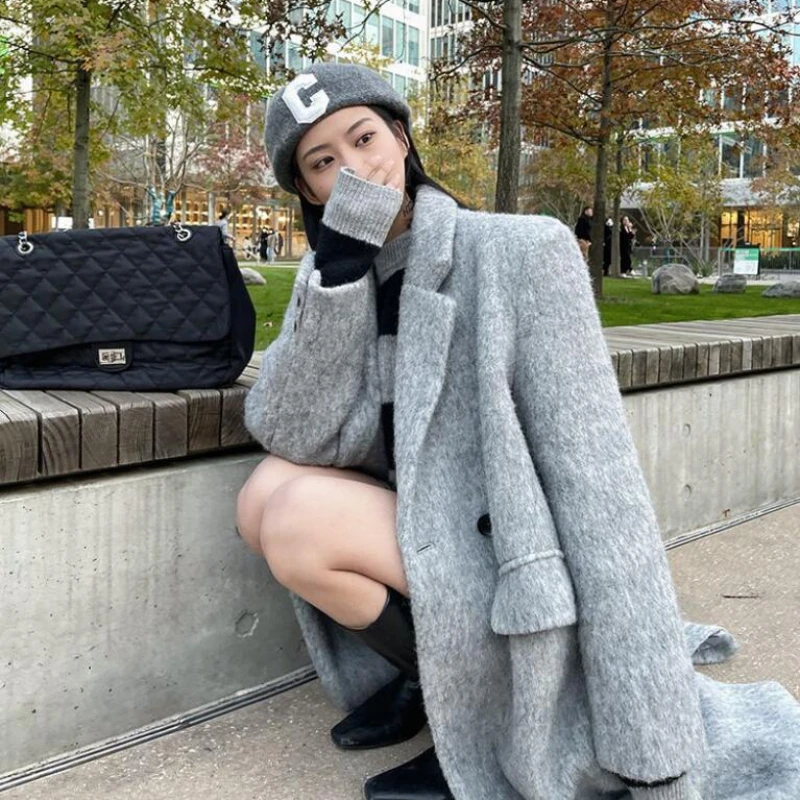 Blends Women Outwear Simple Thicken Winter Coats Loose Solid Office Lady Vintage Newly Leisure Chic All-match Kpop Trendy Street