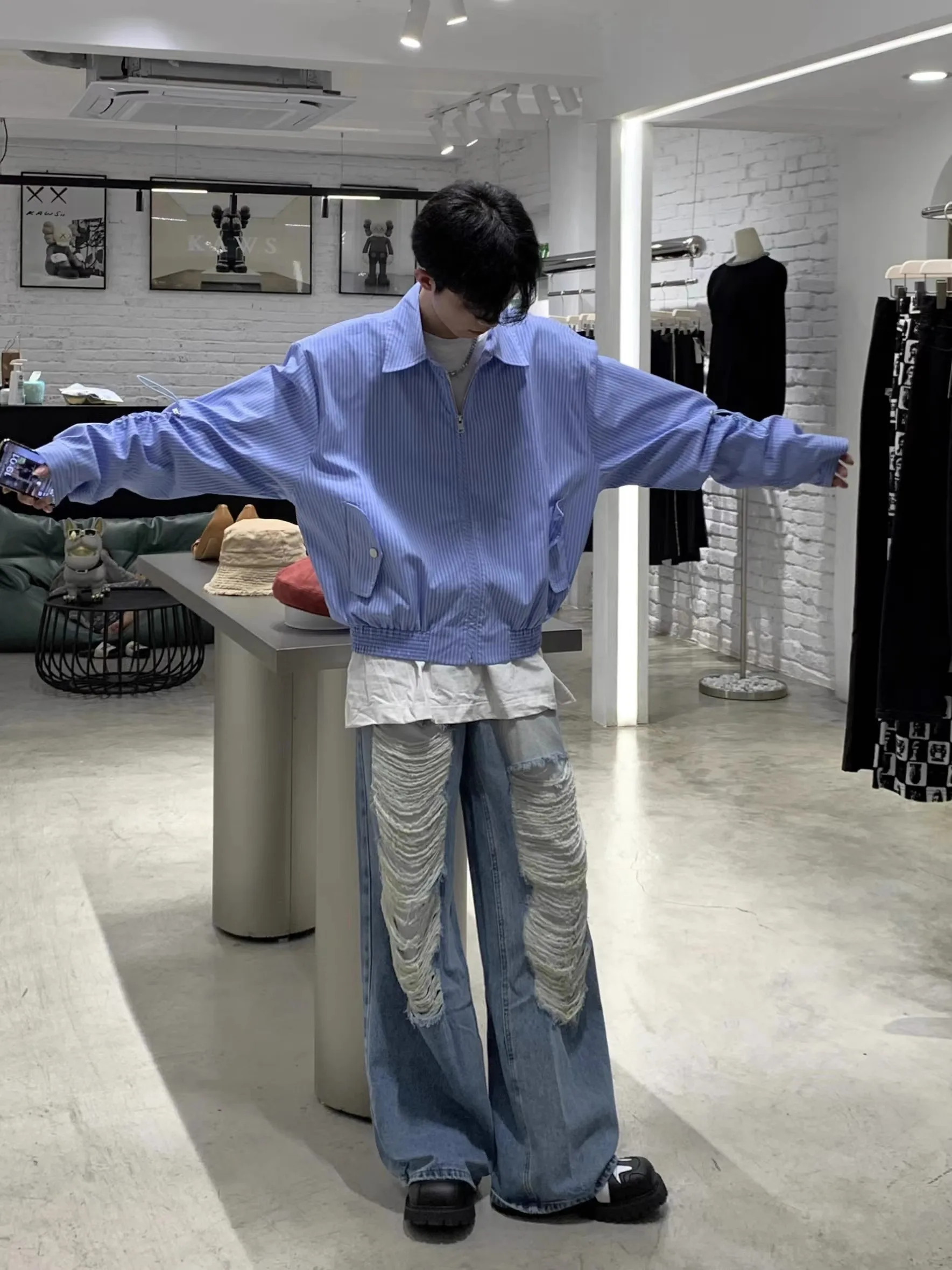 

Мужская куртка в ретро-японском стиле с синими полосками, осенняя, повседневная, свободного кроя, универсальная, молодежная, ветрозащитная верхняя одежда