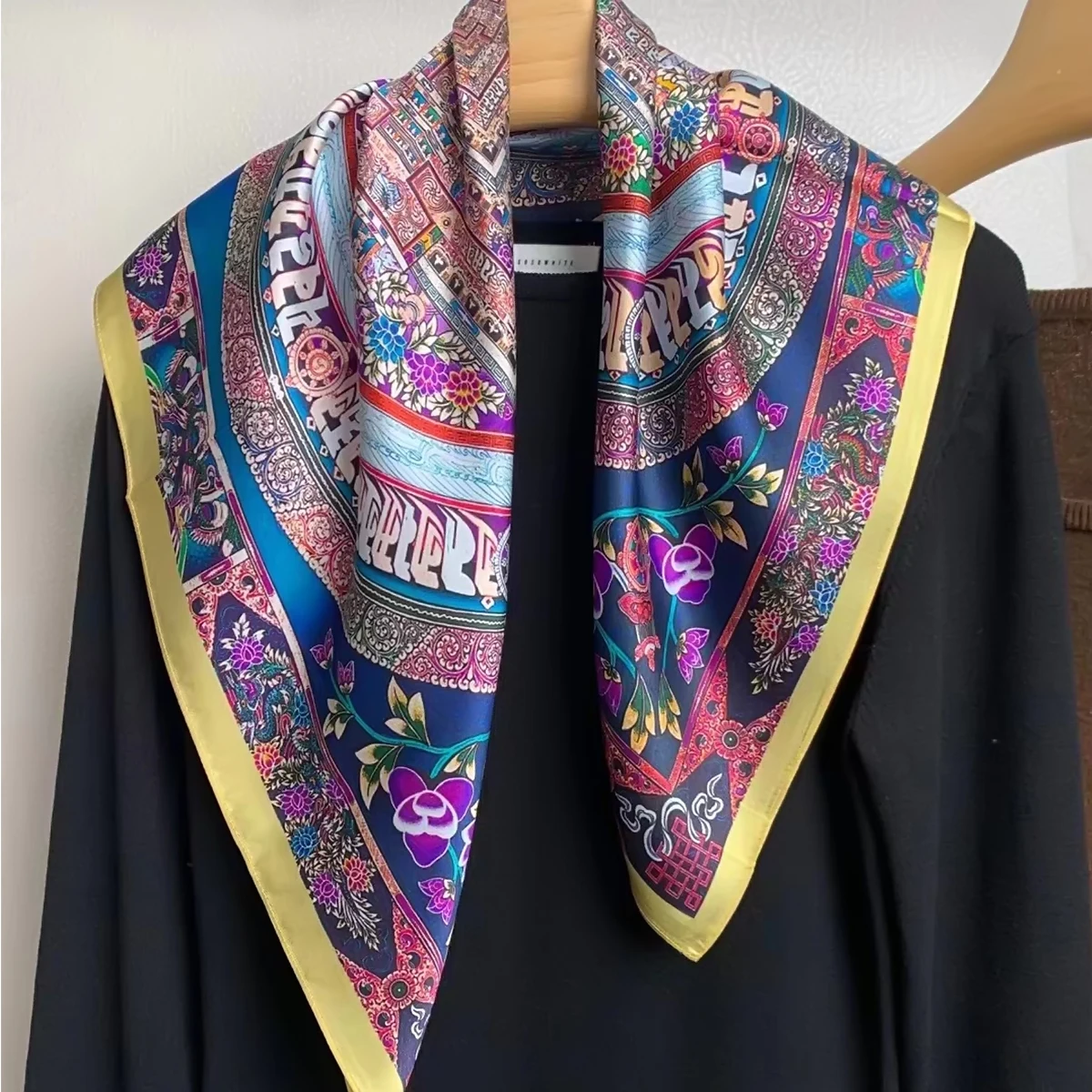 BYSIFA| New Grey Blue Silk Scarf Fashion Floral Design 70cm Square Scarves Fall Winter Neck Scarf Hijab Sweet Headband 65*65cm