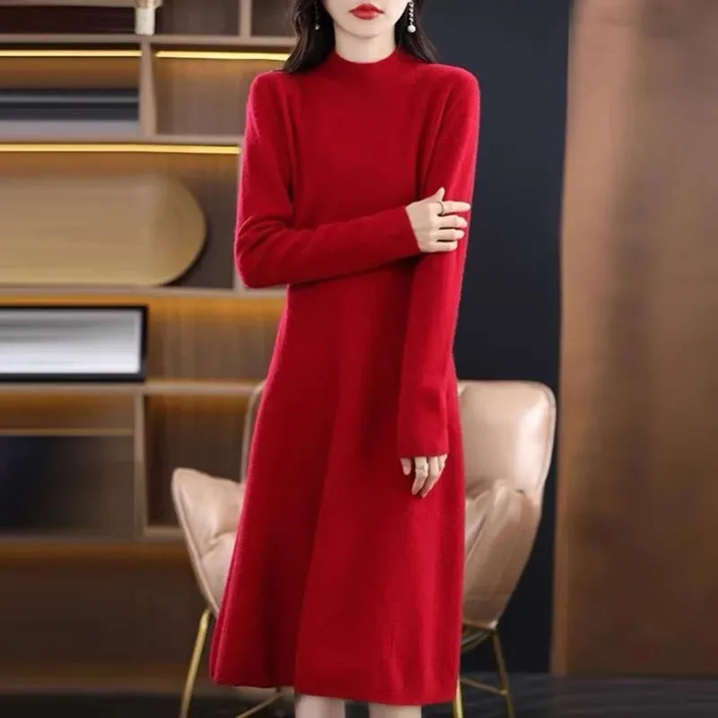 autumnWinter Ladies' New French High-Grade Dress Slim Half-High-Necked Long Waist-Closed Knitted Soft Elegant Sweater Slim Skirt