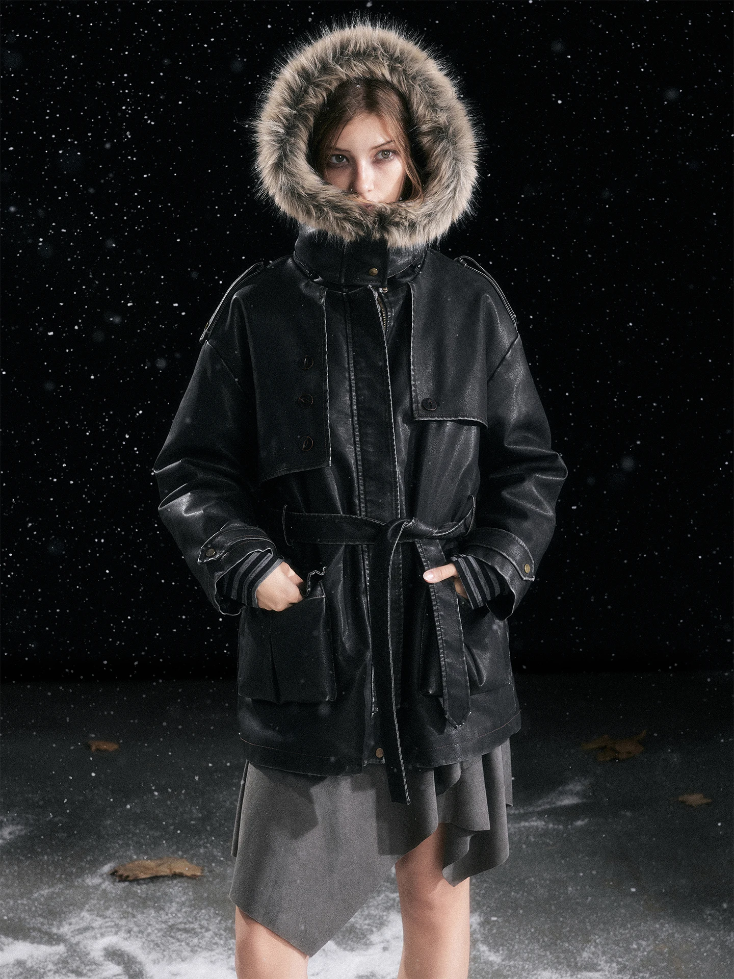 

CestNous Heavyweight Fur Collar Workwear Bla Cotton Jaet Women Winter Vintage Rusted Warm Hooded Cotton Coat