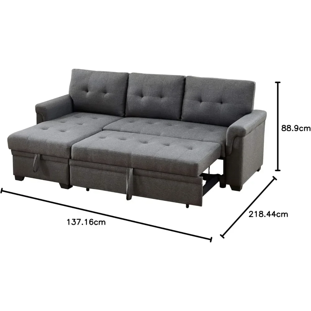 84" W Linen Reversible Sleeper Sectional Sofa with Storage Chaise