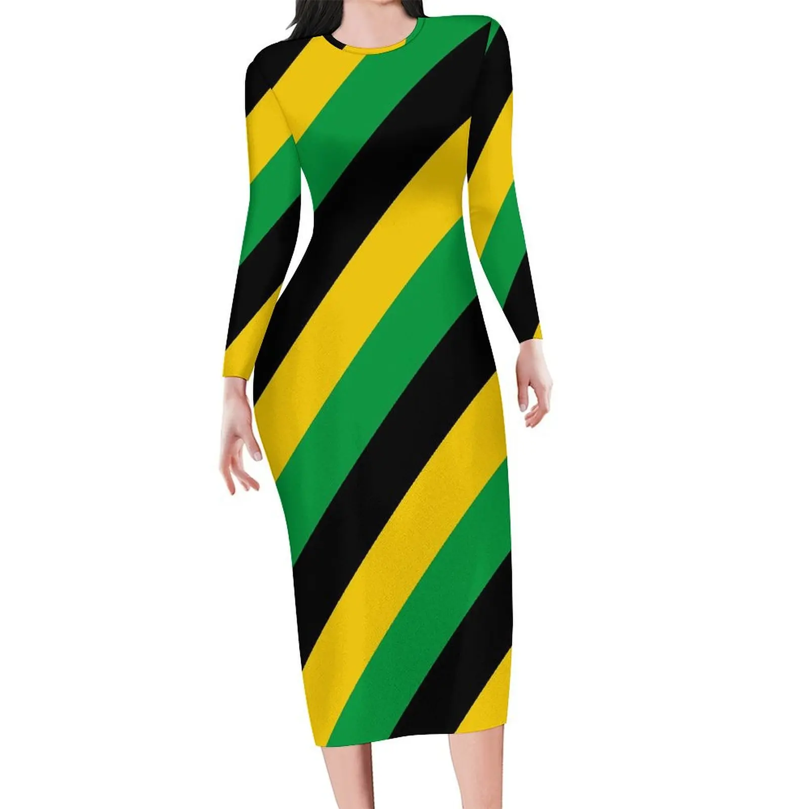 

Jamaica Flag Colors Dress Long Sleeve Diagonal Striped Street Style Dresses Autumn Sexy Bodycon Dress Design Oversize Vestido