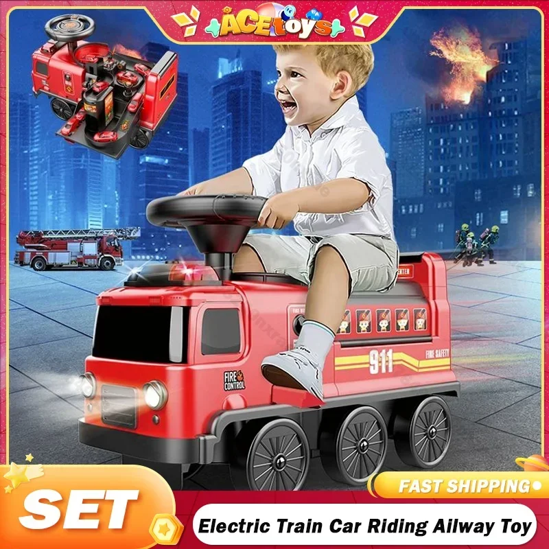 Child Electric Train Car Riding Toy Ailway Baby Stroller Walker Child Can Carry Train Rail Classical Model Fire Police Space Car