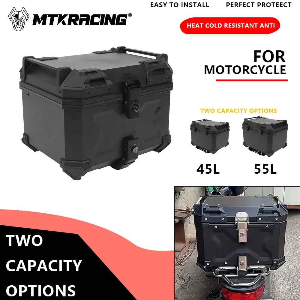 

45L 55L Universal Aluminum Black Motorcycle Tail Storage Box Motorcycle Trunk Rear With Reflective Design Waterproof Toolbox