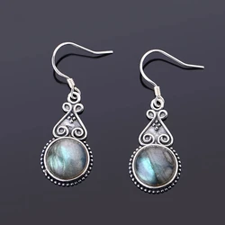 Silver Plated Drop Earring 10MM Labradorite Multicolor Pendant Earrings Engagement Wedding Women Fine Jewelry