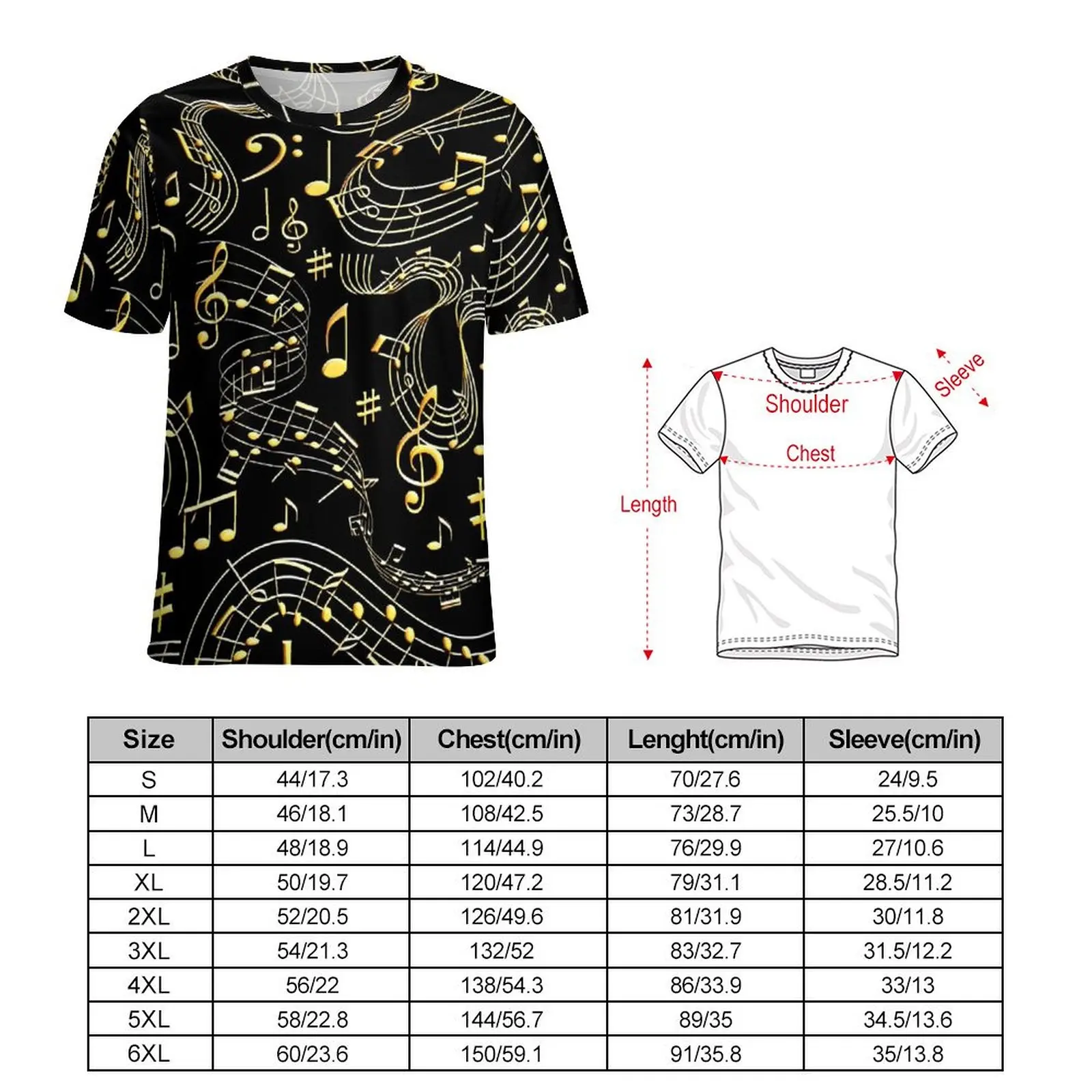 Summer Gold Music Note Print T-Shirts  Basic T-Shirt Woman Short-Sleeve Modern Oversized Tees Pattern Tops Gift Idea