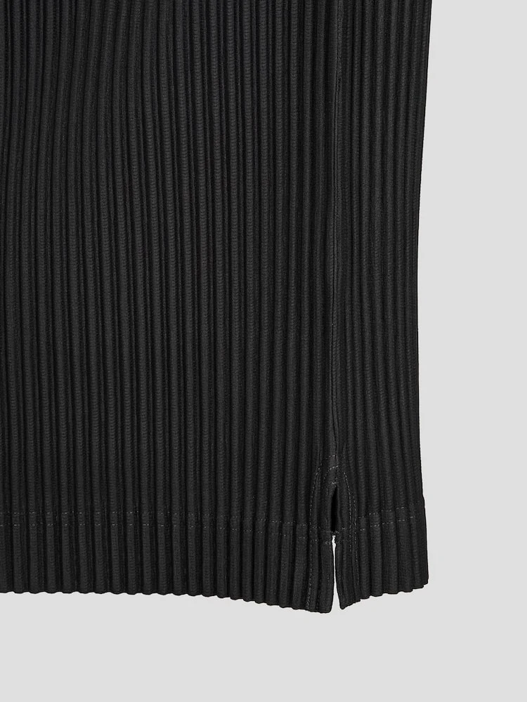 Miyake Pleated Men Long Sleeve Plain Slit Hem T-shirt Full Sleeve Round Collar T Shirt Korean Streetwear Casual Top