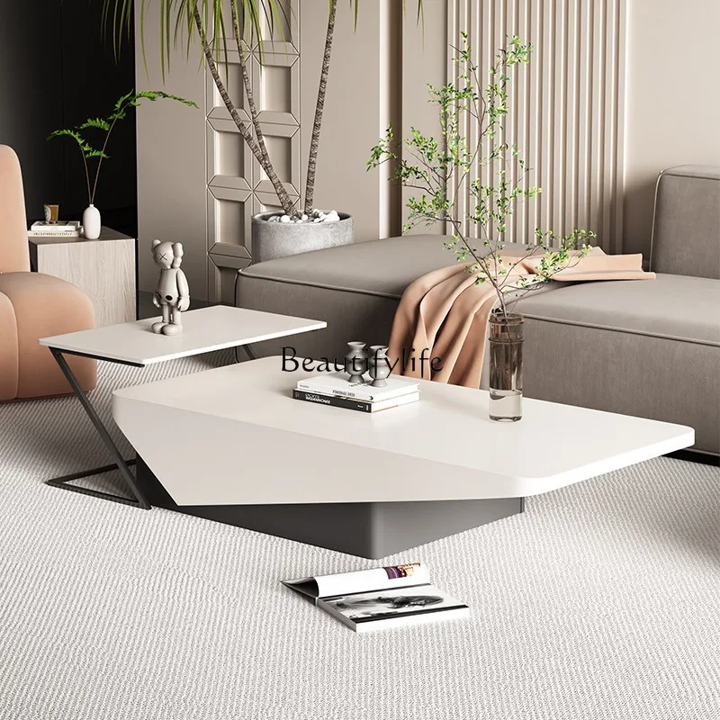 - * طاولة قهوة من لوح الصخور الكريمي، شقة صغيرة، غرفة معيشة، مجموعة خزانة تلفزيون منزلية بسيطة وحديثة