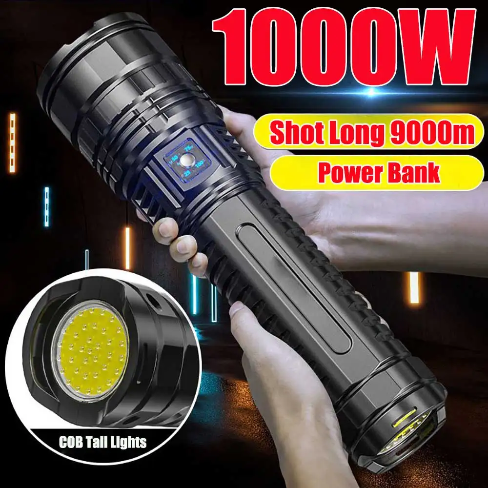 10000lm 800W Krachtigste Led Zaklampen Tactische 15000Mah Ingebouwde Batterij Flitslicht Noodverlichting 4Km Vakantiegeschenken