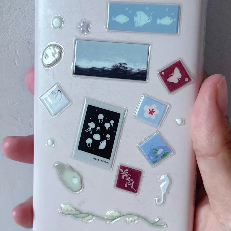 INS Style Ocean Theme Jelly 3D Large Stickers, Waterproof DIY Stickers for Camera Phone Case