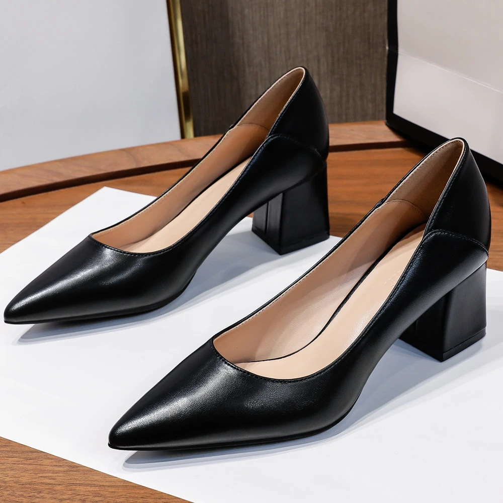 5cm Thick High Heels Soft Leather Pumps Women Pointed Toe Shoes Brand Design Lady Footwear Work Professional Female Shoes B007