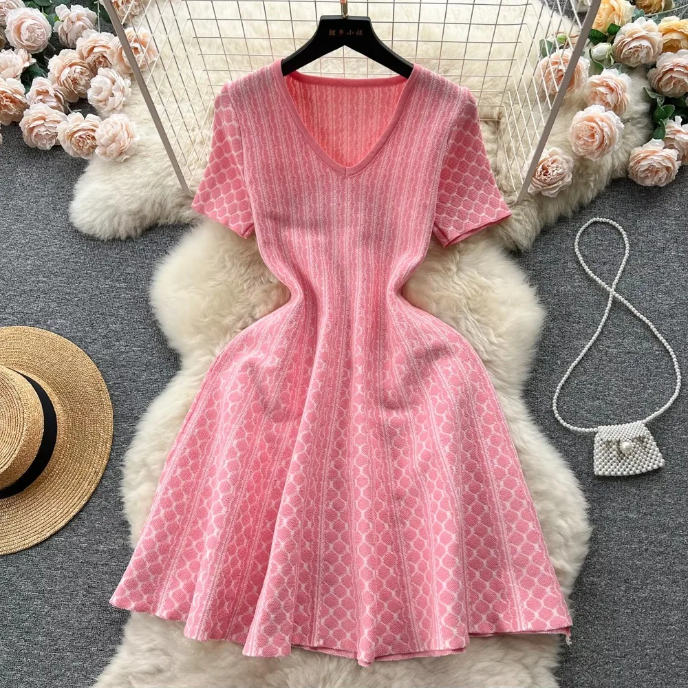 French Vintage Folds V-neck Patchwork Short Sleeves Dress Casual Women A-LINE Fashion Spring/Summer Dress