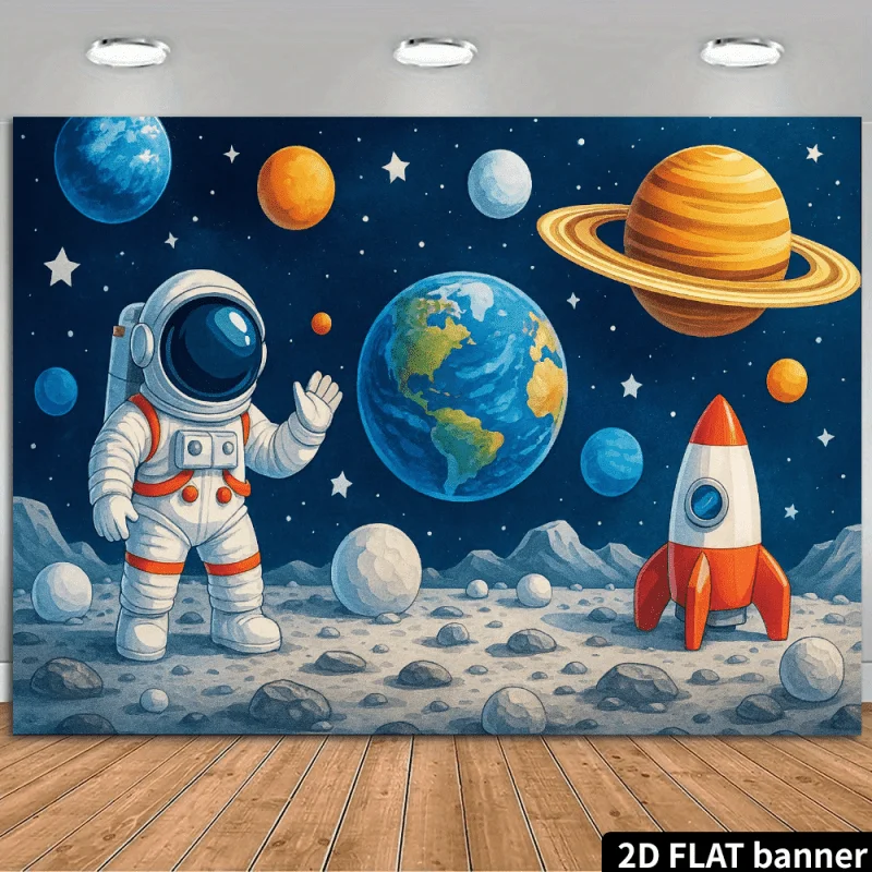 Space Explorer Astronaut Moon Landing Rocket Planets Solar System Cartoon Style Tapestry Wall Decor for Kids Room Science Theme