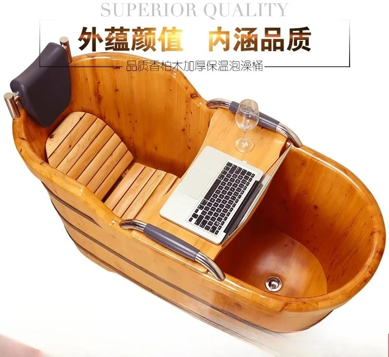 Cedar bath wooden bucket adult bath tub cypress wood solid wood thickened adult bath wooden basin bathtub household